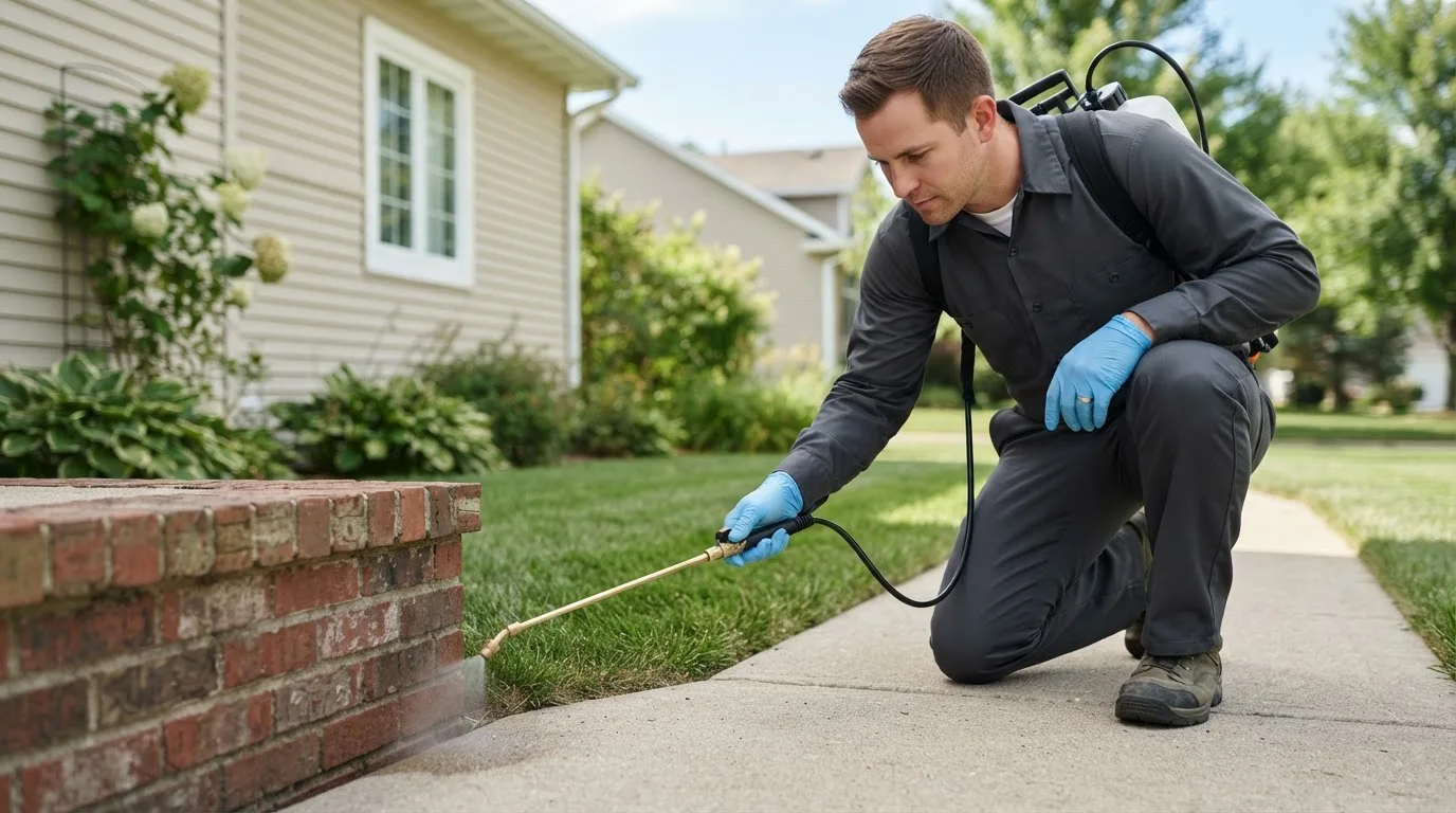 Pest control technician treating a home near Aurora, IL